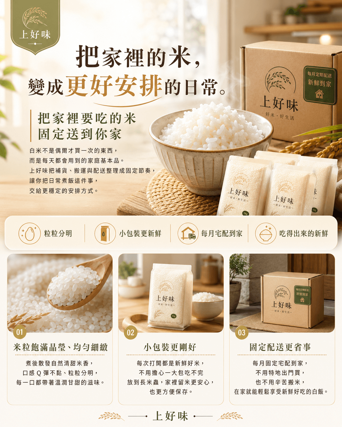 上好味月配米箱主視覺，展示固定配送白米到家的服務內容